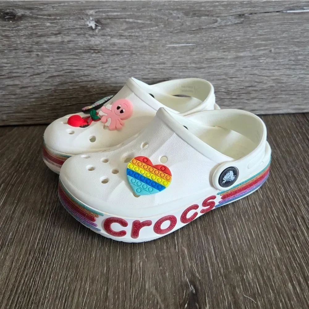CROCS KIDS BAYABAND RAINBOW GLITTER CLOG WHITE Size 8